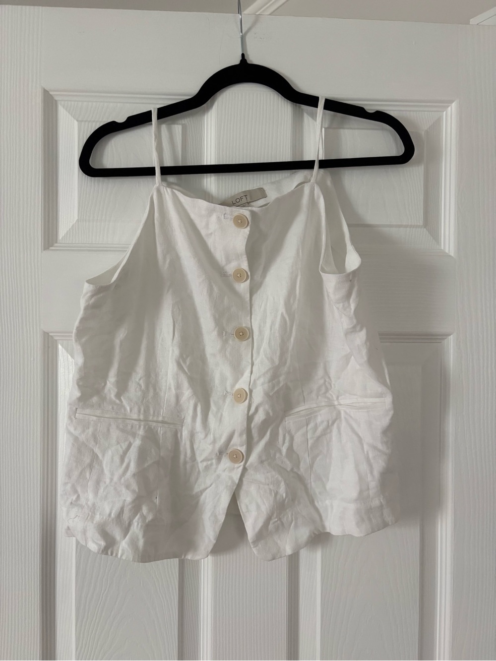 LOFT White Button-Front Linen-Blend Spaghetti Strap Top